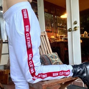 Baw white athletic wear men’s sweat pants with red branded ribbon embroidered